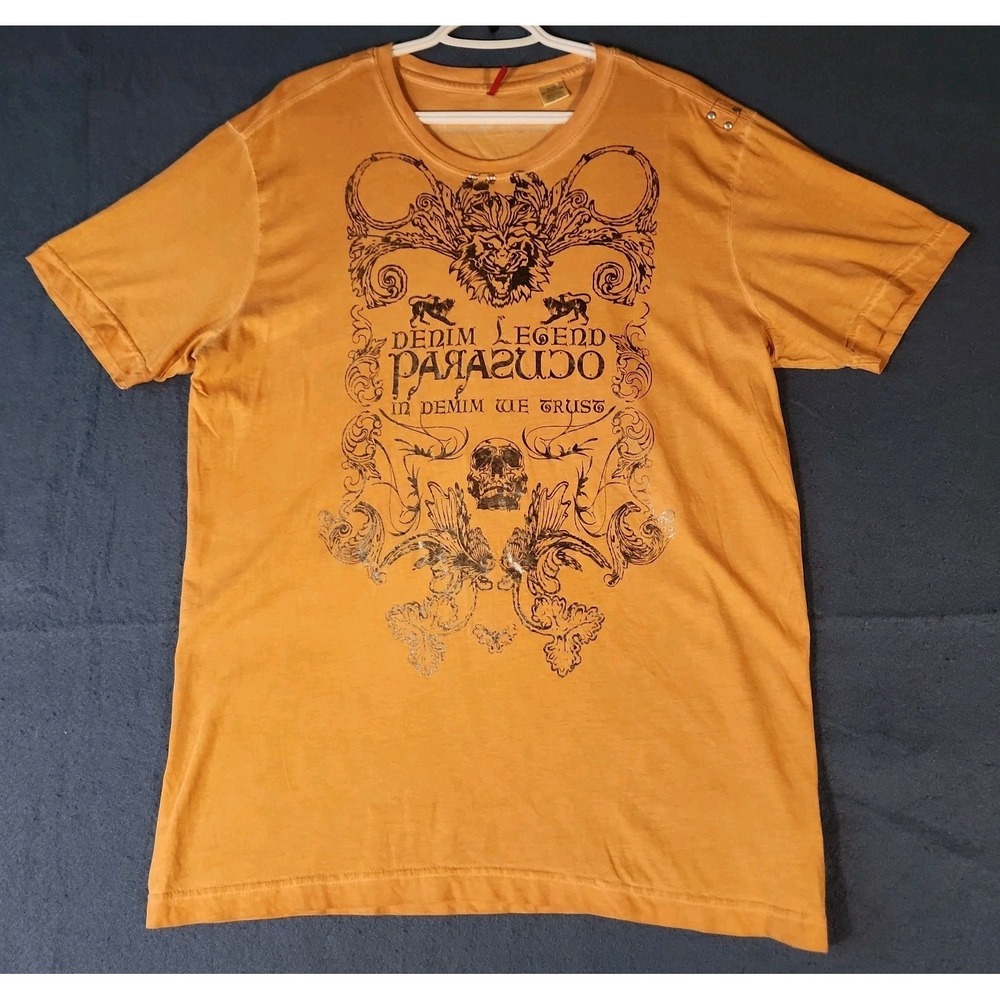 Parasuco T-Shirt Mens XL Orange Graphic Front Skull Print Cotton Short Sleeve